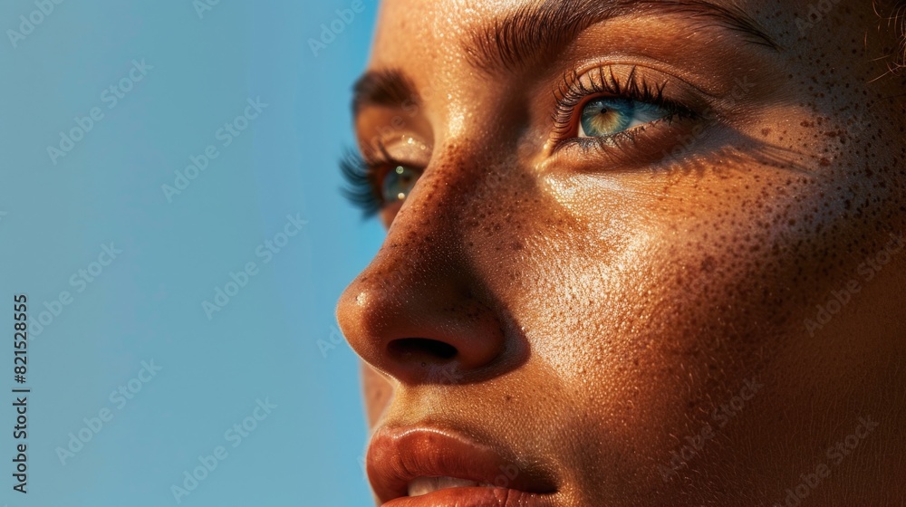 Sun-Kissed Woman's Face with Freckles Under Blue Sky Sun-Kissed Woman's Face with Freckles Under Blue Sky