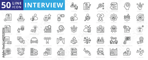 Interview icon set with resume, candidate, qualification, skill, experience, reference, job application and onboarding. 
