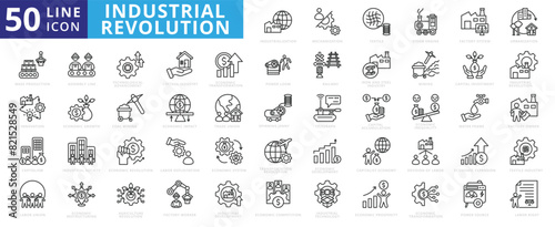 Industrial Revolution icon set with mechanization, textile, steam engine, factory system, urbanization and mass production.