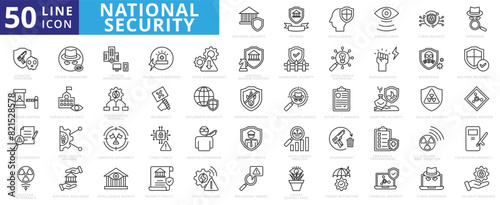 National Security icon set with defense, intelligence, surveillance, cyber security, espionage and counter terrorism. photo