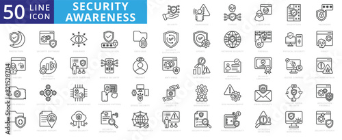 Security Awareness icon set with threat, cyber crime, encryption, password, protection, hacker, data breach and safety.