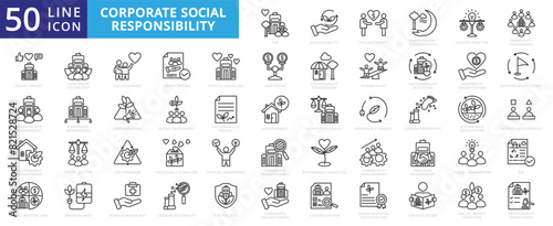Corporate social responsibility icon set with sustainability, philanthropy, environment conservation and ethical practice.