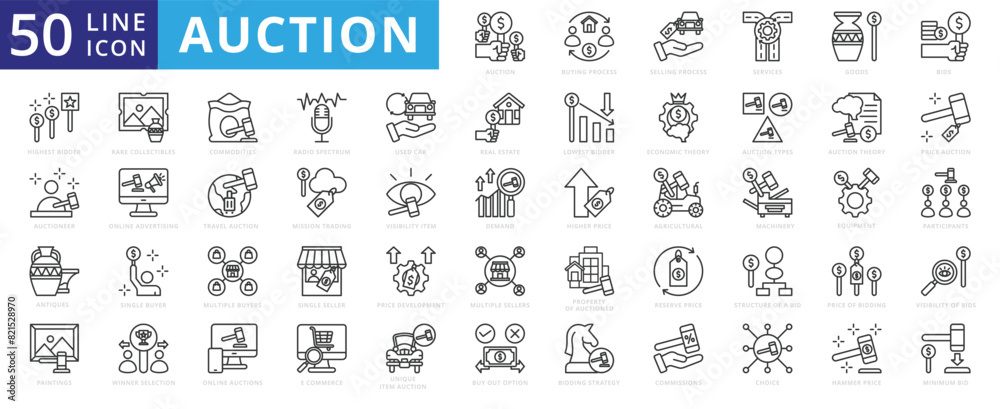 Auction icon set with buying process, selling, services, goods, bids, highest bidder, auctioneer and antiques.