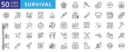 Survival icon set with self-preservation, safety, destroy, life extension, longevity, skill and technique.