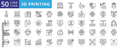 3D Printing icon set with additive manufacturing, d model, computer control, powder grains, liquids and layer by layer.