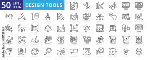 Design Tools icon set with objects, computer programs, process production, perception, explore ideas and designers.