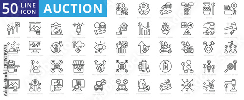 Auction icon set with buying process, selling, services, goods, bids, highest bidder, auctioneer and antiques.