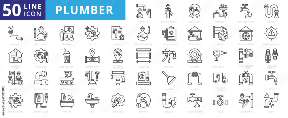 Plumber icon set with a tradesperson, specializes, in installing, portable water, sewage, drainage, and plumbing systems.