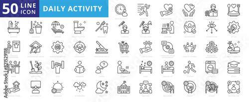 Daily Activity icon set with healthcare  self care  professionals  feeding  bathing  dressing grooming  work and making a home.