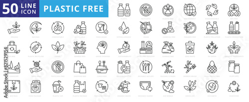 Plastic Free icon set with eco friendly, biodegradable, bpa, organic, bag, landscape, bio pack, natural and compostable.