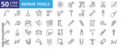 Repair tools icon set with maintenance, cutting, knife, sickle, scythe, hatchet, ruler, service, plunger, and drill. photo