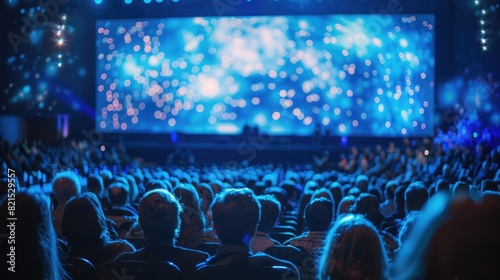 A large audience at an event  sitting in front of the stage with blue LED screens and light decorations  was viewed from behind  capturing people s attention during a conference or business meeting