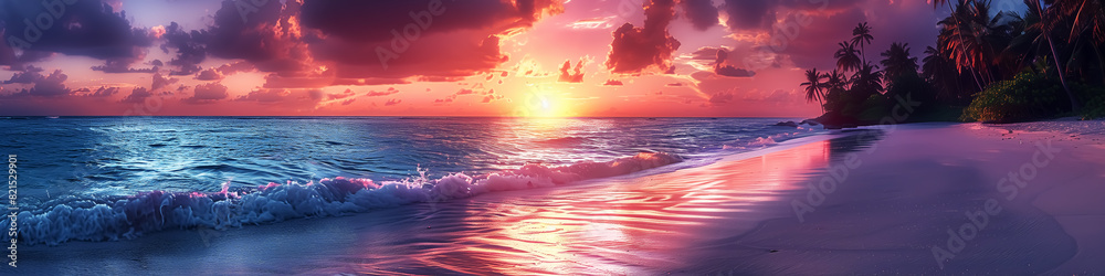 Obraz premium panoramic view, tropical island at sunset or sunrise, palm trees on beach, travel and landscape. Fantasy Wall Art Poster Print Design for Home Decor, Decoration Artwork, Wallpaper & Background
