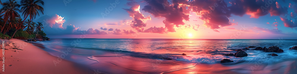 Fototapeta premium panoramic view, tropical island at sunset or sunrise, palm trees on beach, travel and landscape. Fantasy Wall Art Poster Print Design for Home Decor, Decoration Artwork, Wallpaper & Background
