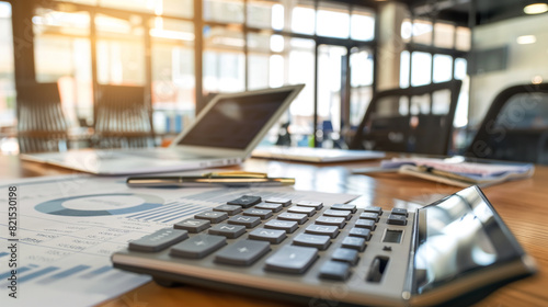 business financial statement with a calculator on the table in modern office, business finance audit concept photo