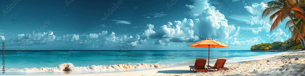 beach chairs on white sand beach, tropical island at sunset or sunrise, palm trees, travel and landscape. Fantasy Wall Art Poster Print Design for Home Decor, Decoration Artwork, Wallpaper beach chairs on white sand beach, tropical island at sunset or sunrise, palm trees, travel and landscape. Fantasy Wall Art Poster Print Design for Home Decor, Decoration Artwork, Wallpaper