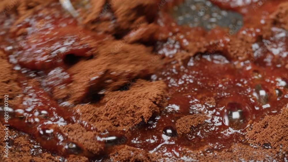 Close up of boiling sugar with bubbles turns into caramel, caramelization, making berry jam at home close-up. Chef cooking dessert in cafe, restaurant pastry food. Close up of boiling sugar with bubbles turns into caramel, caramelization, making berry jam at home close-up. Chef cooking dessert in cafe, restaurant pastry food.