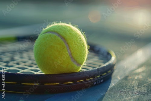 A tennis ball and a tennis racket in the middle of a tennis court.. Sports theme background © MrHamster