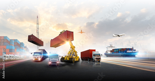 Container truck in ship port for business Logistics and transportation of Container Cargo ship and Cargo plane with working crane bridge in shipyard at sunrise, logistic import export 