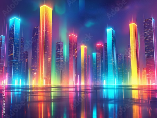 A cityscape with neon lights reflecting on the water. The colors are bright and vibrant, creating a lively and energetic atmosphere