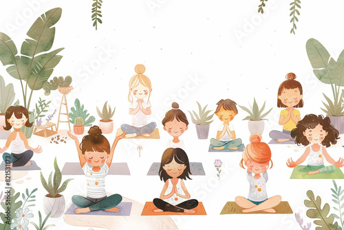 Comic illustration of children doing yoga and mindfulness exercises in a serene classroom, pastel and calming colors and happy expressions, peaceful atmosphere, white background - Generative AI