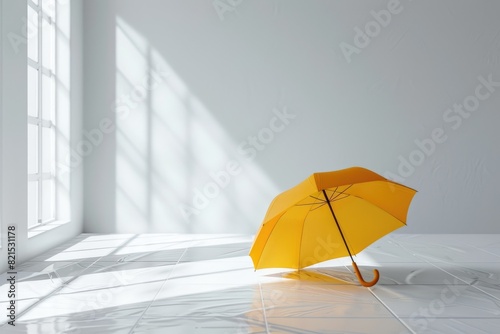 Open yellow umbrella on the clean white floor in the room