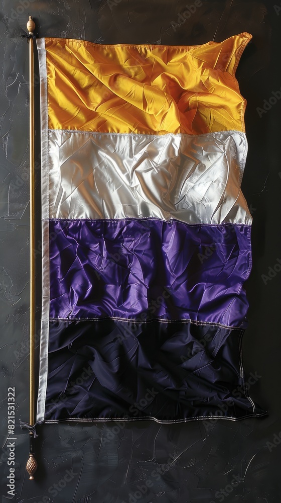 The non-binary flag stripes in colors of yellow, white, purple and black, 
