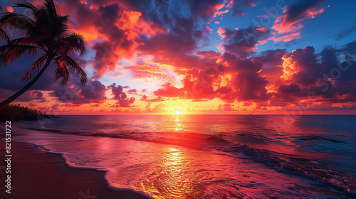 tropical island beach at sunset or sunrise, dusk or dawn, travel and landscape. Wall Art Design for Home Decor, 4K Wallpaper and Background for Computer, Smartphone, Cellphone, Mobile Cell Phone