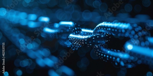 Close-up of a digital blockchain with a futuristic, glowing chain link network visual, perfect for technology and cryptocurrency themes.