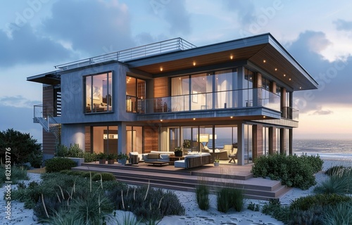 A modern two-story house with gray walls, wooden accents and large windows overlooking the ocean