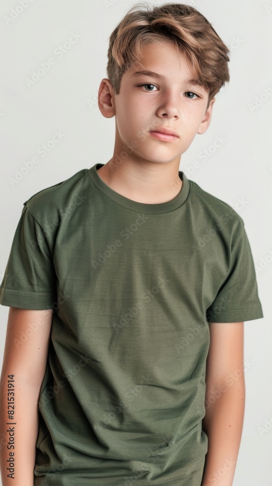 Little boy wearing green army color t shirt mockup for print image portrait isolated