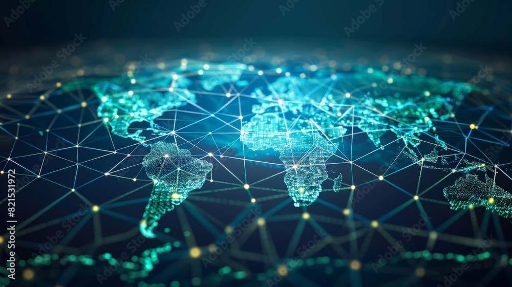 Fototapeta premium Digital world map interconnected with data points representing global communication, networking, and technology advancements.