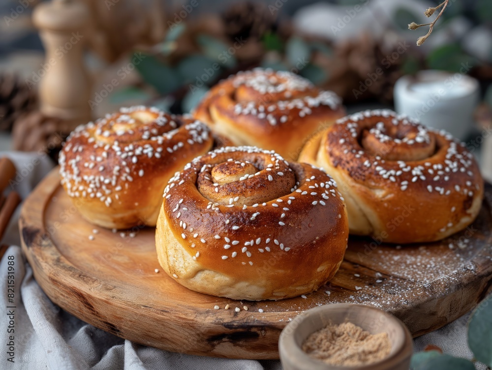 A plate of cinnamon rolls with powdered sugar on top. The rolls are arranged in a neat row and are ready to be eaten A plate of cinnamon rolls with powdered sugar on top. The rolls are arranged in a neat row and are ready to be eaten
