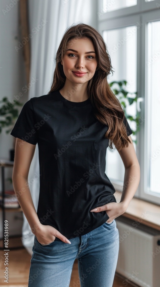 Young female wearing black blankt shirt mockup for print image fashion trendy Young female wearing black blankt shirt mockup for print image fashion trendy