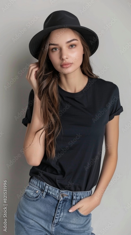 Young female wearing black blank t shirt mockup for print image fashion trendy Young female wearing black blank t shirt mockup for print image fashion trendy