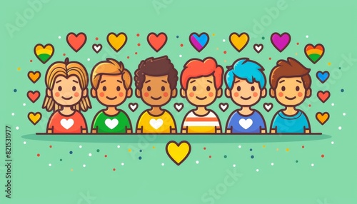 Diverse group of happy cartoon children with colorful hearts on a green background, celebrating love and friendship.