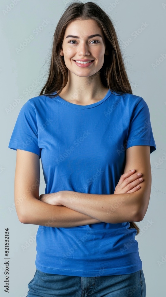 Young female wearing blue blankt shirt mockup for print image fashion trendy Young female wearing blue blankt shirt mockup for print image fashion trendy