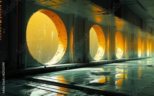 Futuristic interior with circular windows casting a warm glow, creating a sci-fi ambiance in an industrialized setting. photo