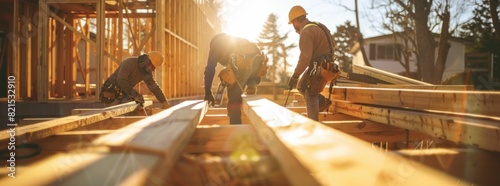 Construction workers building a structure under the sunlight on a busy construction site