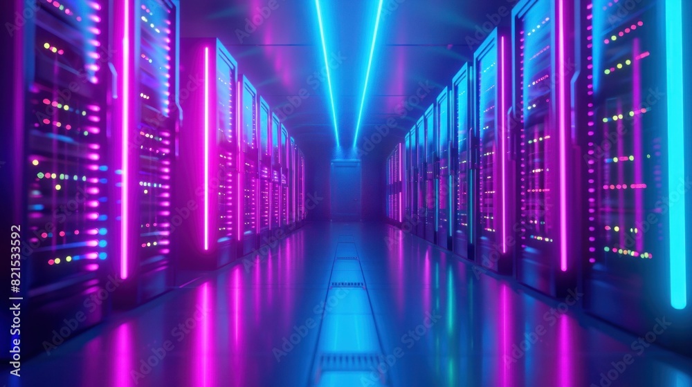 Long row of servers creating a futuristic neonlit tech hub in dark room for business and data storage Long row of servers creating a futuristic neonlit tech hub in dark room for business and data storage