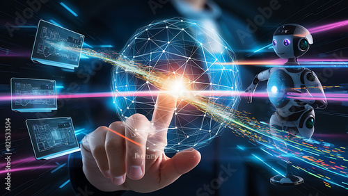 Digital technology  internet network connection concept. Finger touching on virtual screen with futuristic technology background  data exchange