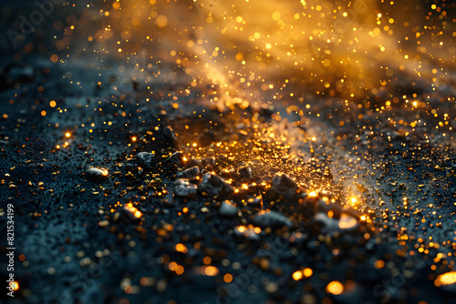 Blurry image of fiery sparks water can combat asphalt fire on road surfaces
