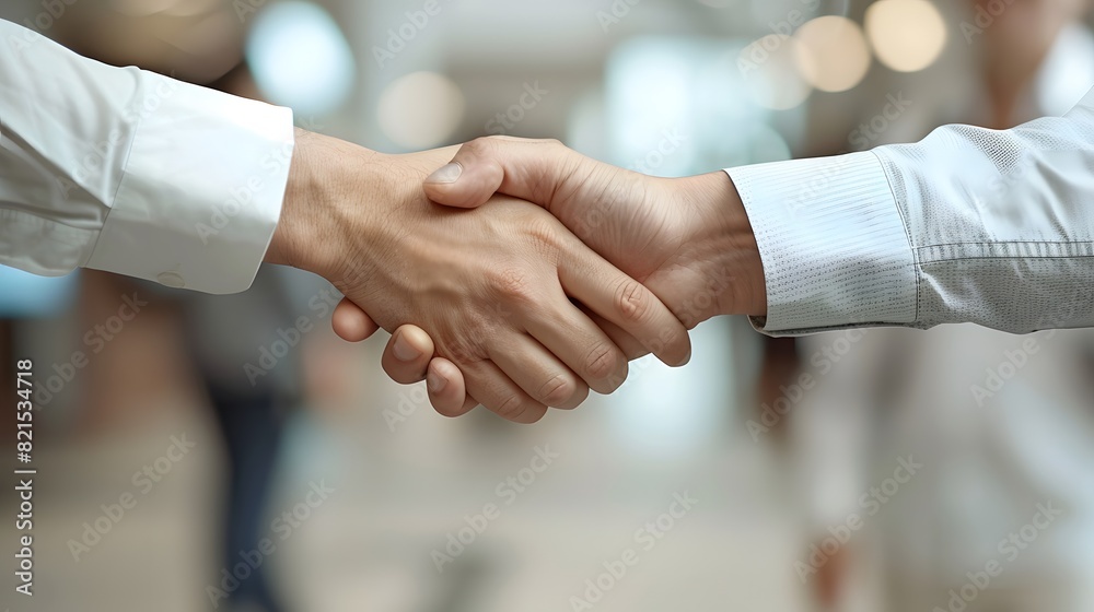 usiness people shaking hands The background is on the office. View from hand to elbow