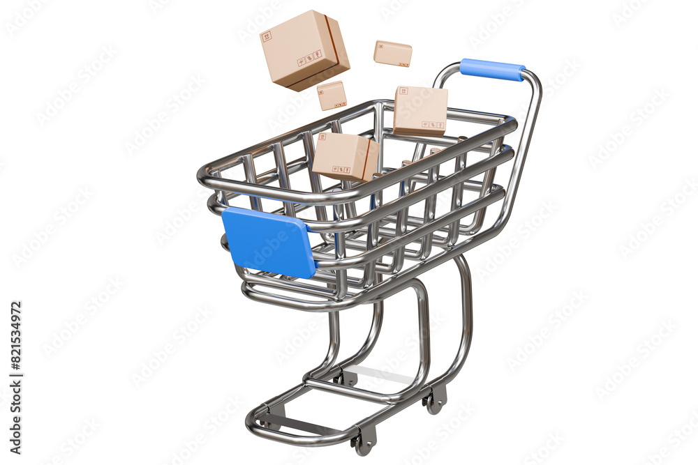 3d Shopping cart with cardboard boxes inside cart icon isolated on white background. Online Shopping, E-Commerce Concept. Minimal Empty Metal shopping basket cart icon creative design. 3d render.