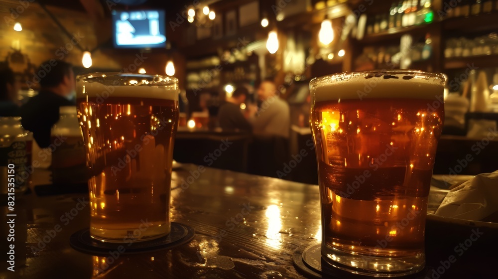 Amidst the chatter and laughter, glasses of beer clink together in celebration, their amber contents shimmering invitingly under the warm glow of the pub lights. Amidst the chatter and laughter, glasses of beer clink together in celebration, their amber contents shimmering invitingly under the warm glow of the pub lights.