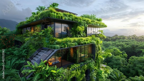 A modern building with a green roof covered in plants and solar panels 