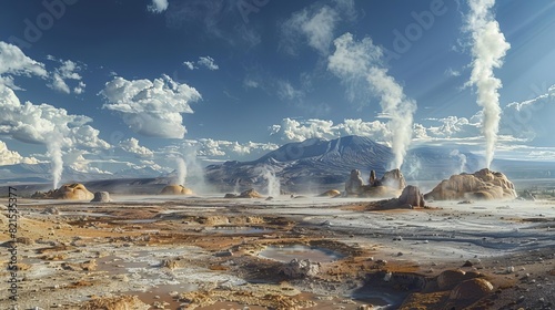 A panoramic view of a geothermal area with multiple geysers erupting,