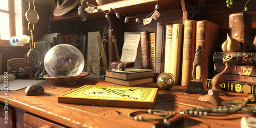 A Strange and Mysterious Voyage: A desk adorned with occult artifacts, a Ouija board, and a crystal ball.