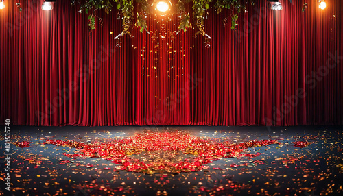 レッドカーテン。光り輝くステージに照らされたスポットライト。red curtains. A spotlight illuminated by a shining stage.