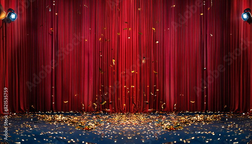 レッドカーテン。光り輝くステージに照らされたスポットライト。red curtains. A spotlight illuminated by a shining stage.